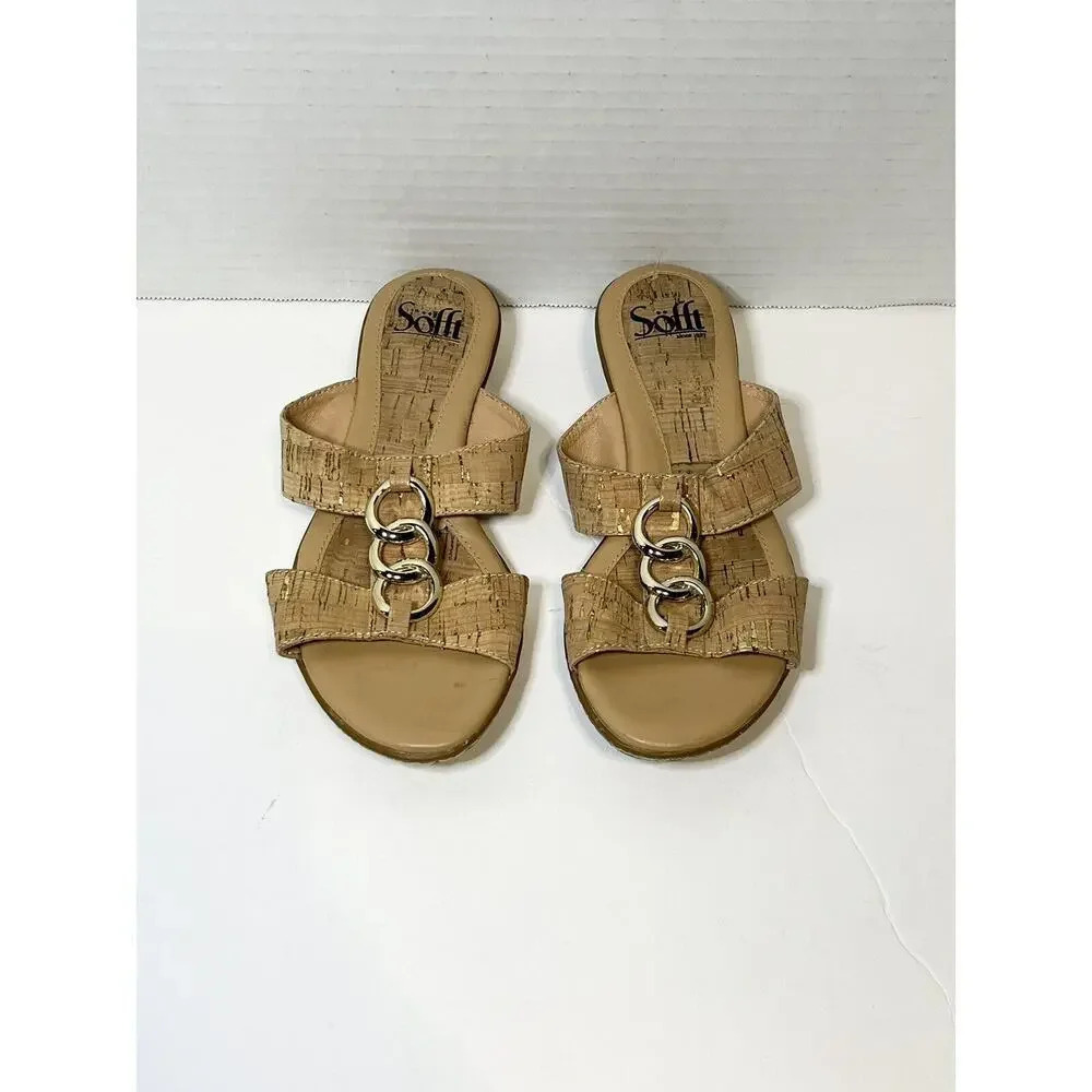 Sofft Slip On Sandals Womens 6.5 M Slide Camel Brown Open Toe Gold‎ Accents